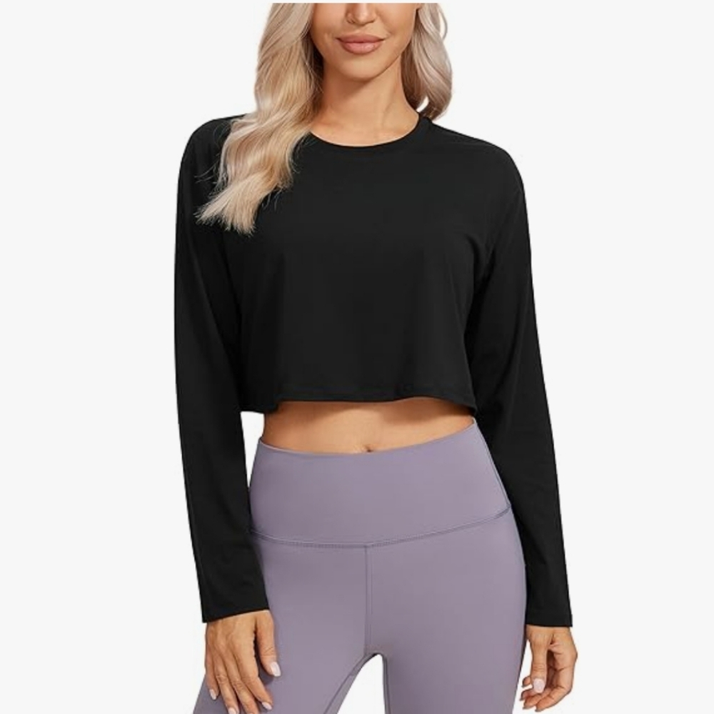 CRZ YOGA Pima Cotton Long Sleeve Shirt  Loose Workout‎ Crop Top Black SZ L
